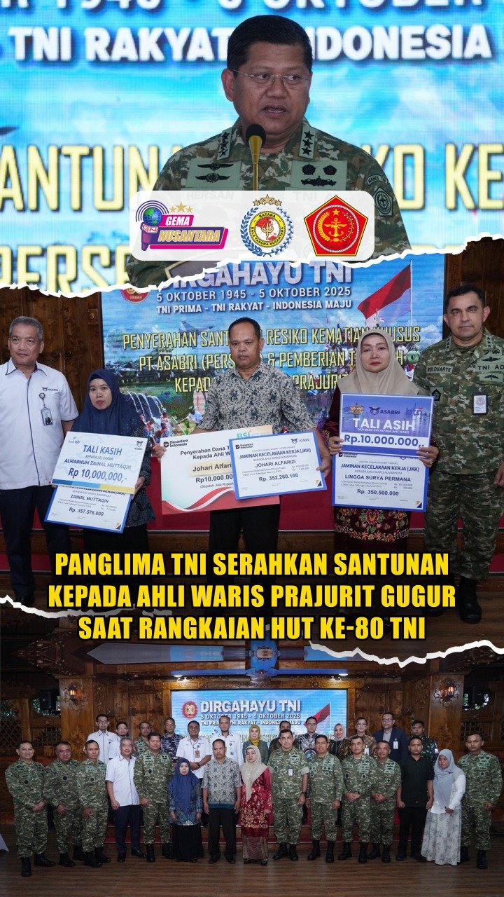 Panglima TNI Serahkan Santunan kepada Ahli Waris Prajurit Gugur Saat Rangkaian HUT ke-80 TNI